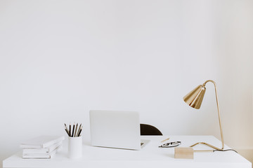 Wall Mural - Office with laptop, lamp, notebooks. White work study cabinet workspace.