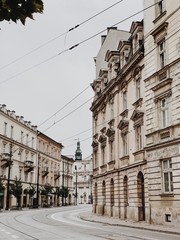 Budapest, Hungary 2019. Wide street and buildings in historical place of Budapest, Hungary. Architecture city travel concept. Neutral colors.