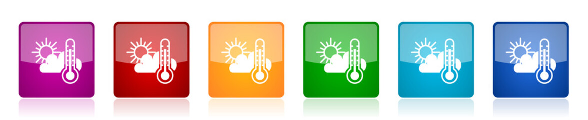 Aufkleber - Weather forecast icon set, colorful square glossy vector illustrations in 6 options for web design and mobile applications