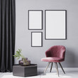 © lilasgh - black poster frame mock up in grey modern background. Red chair. marble table. Glass vase. Display template. 3d rendering. illustration