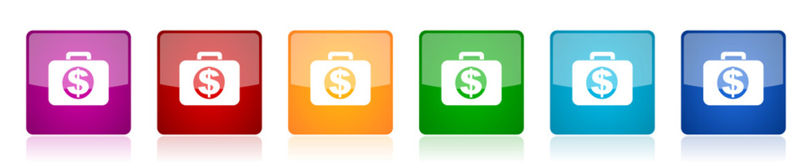 Poster - Financial icon set, colorful square glossy vector illustrations in 6 options for web design and mobile applications