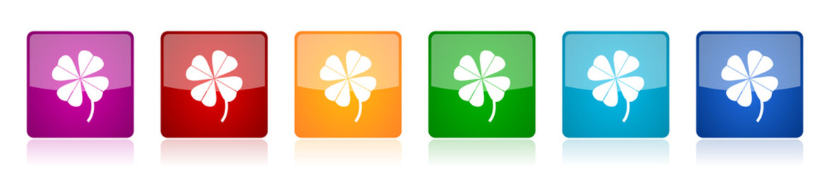 Aufkleber - Four-leaf clover icon set, colorful square glossy vector illustrations in 6 options for web design and mobile applications