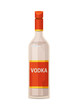 Classic glass vodka bottle with red cap on white background