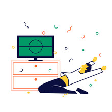 Hincha Viendo Fútbol En Televisión Y Celebrando La Victoria En Casa. Hombre De Rodillas Animando A Su Equipo. Concepto De Deporte Y Animación.