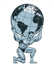 Atlas Or Titan Kneeling Carrying Lifting Globe World Earth On His Back. Bodybuilder. Vector Illustration.