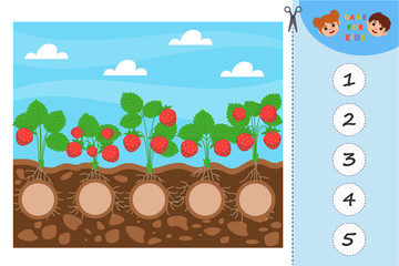 Poster - Game for Preschool Children.  Educational a mathematical game. Garden.  Count how many strawberries are on the bush.  Activity page for kids. Logic puzzle