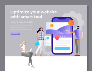 Mobile app development concept with characters. UI/UX design. Testing the interface and usability of app.