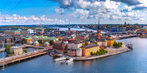 Scenic summer aerial panoramic view of Gamla Stan in the Old Town in Stockholm, Canvas Print