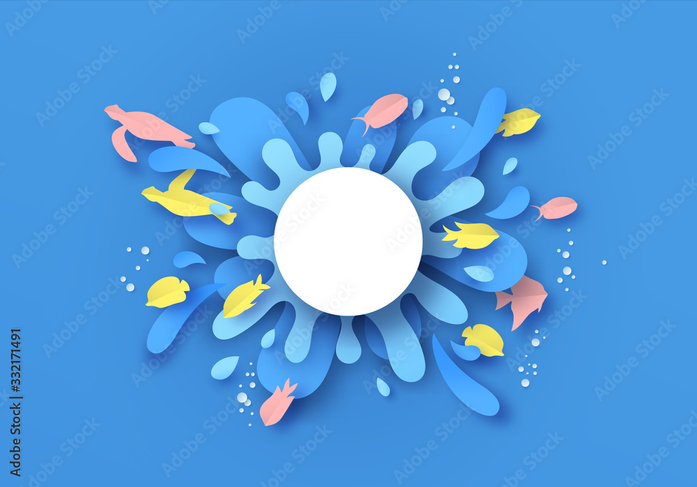 Water splash paper cut template with colorful fish - obrazy, fototapety, plakaty 
