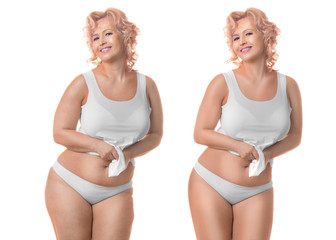 Smiling plus size womanover white background. Before and after diet.