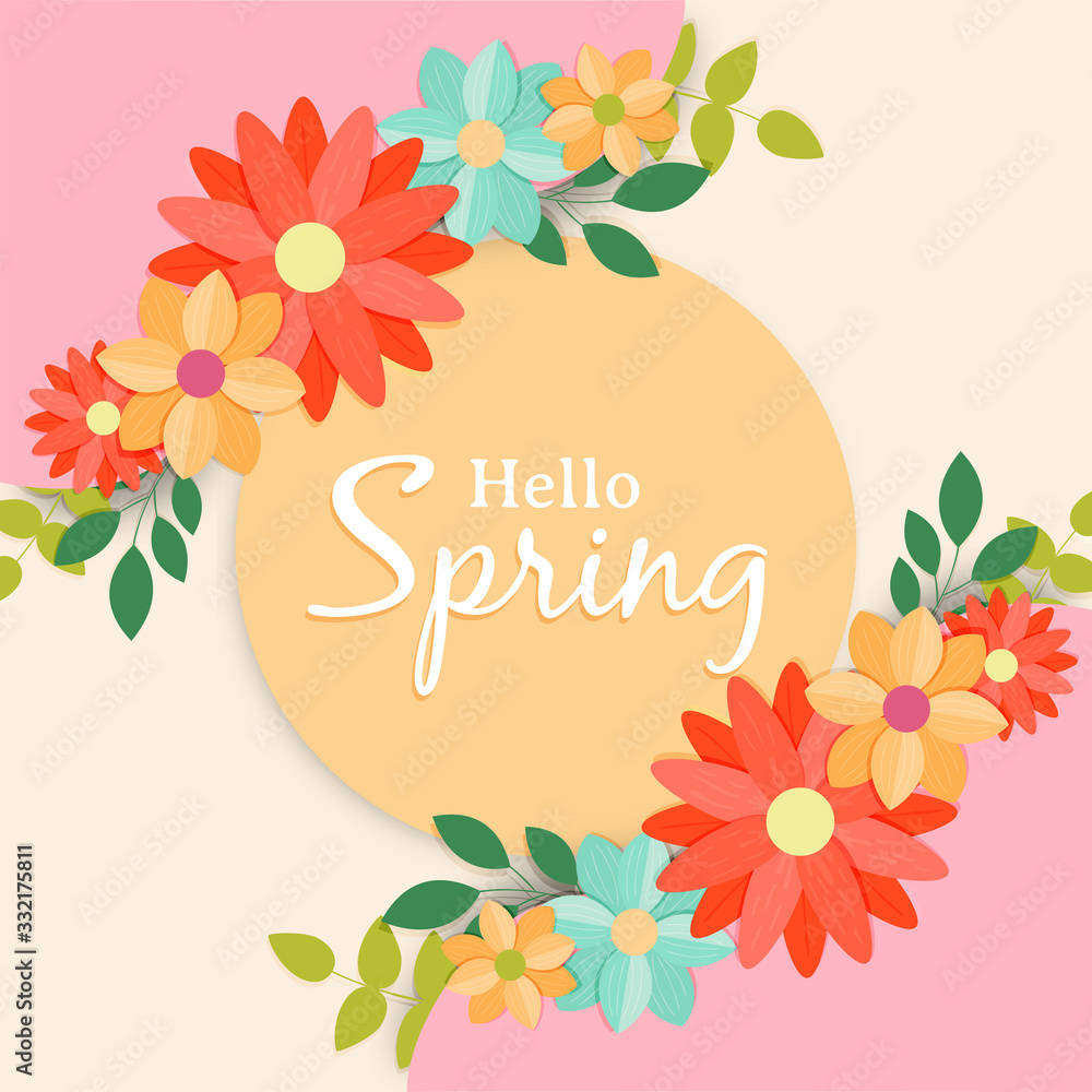 Hello spring greeting card label for flower season - obrazy, fototapety, plakaty 