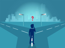 Vector of a business man at crossroads having dilemma between costs and company profits