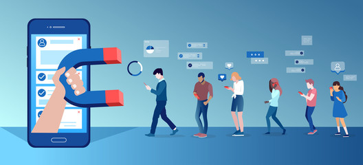 Vector of a group of people using mobile gadgets communicating being attracted by social media app