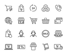 Vector Set Of Online Shopping Line Icons. Contains Icons Online Store, Feedback, Shopping Cart, Delivery, Support, Payment Card And More. Pixel Perfect.