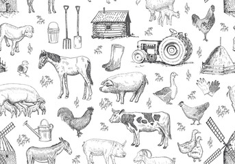 Vector seamless pattern with farm elements, animals.