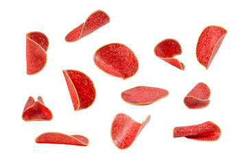 Wall Mural - Falling salami isolated on white background.