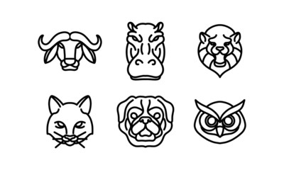 Set of 6 wild animal head, animal vector line icon, animal head vector line art, isolated animal illustration