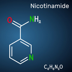 Poster - Nicotinamide, NAM, C6H6N2O  molecule. It is vitamin B3 found in food, used as a dietary supplement. Structural chemical formula on the dark blue background