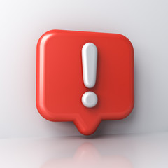 Poster - 3d Exclamation mark in 3d red social media notification pin icon isolated on white wall background with shadow and reflection 3D rendering