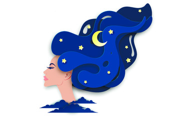 Sticker - Vector portrait of young beautiful woman with long wavy hair. Fluffy paper clouds, moon and stars. Sweet dreams concept. Modern digital paper layered art. Origami style. 