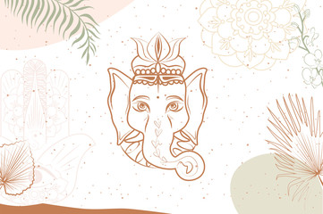 Fototapete - Abstract poster with elements of buddhism and hinduism, ganesha, plants in one line style. Background minimalistic style. Vector illustration.