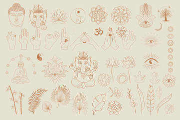 Fototapete - Collection of buddhism and hinduism, yoga objects, esoteric and boho elements, plants, buddha, ganesha, mandala, lotus. Minimalistic objects one linestyle. Editable Vector Illustration.