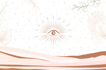 Fototapete - Abstract poster with palm leaf. flowers, evil eye and abstract landscape in one line style. Background minimalistic style. Vector illustration.