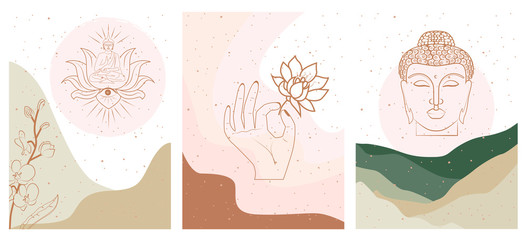 Fototapete - Set of abstract posters with elements of buddhism and hinduism, plants in one line style. Background mminimalistic style. Vector illustration.