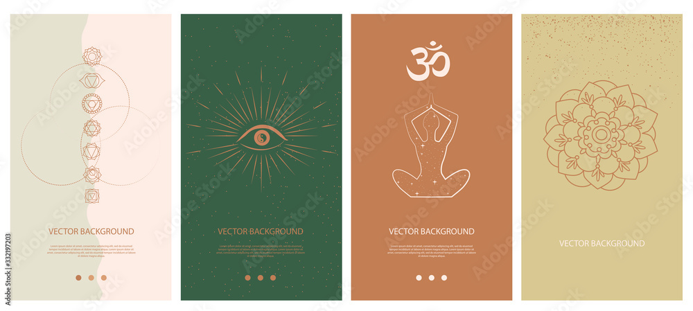 Set of abstract vertical background with elements of buddhism and hinduism plants in one line style. Background for social media minimalistic style. Vector illustration. - obrazy, fototapety, plakaty 