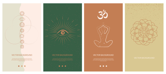 Fototapete - Set of abstract vertical background with elements of buddhism and hinduism plants in one line style. Background for social media minimalistic style. Vector illustration.