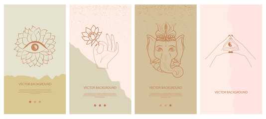 Fototapete - Set of abstract vertical background with elements of buddhism and hinduism plants in one line style. Background for social media minimalistic style. Vector illustration.