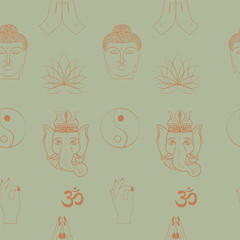 Fototapete - Seamless pattern with buddhism and hinduism, yoga objects, buddha, ganesha, mandala, lotus in one line style. Editable vector illustration.