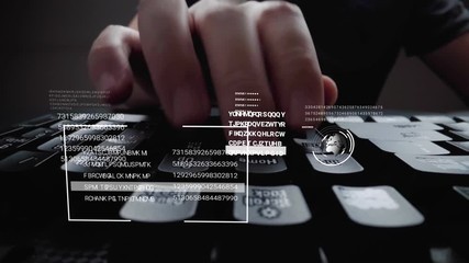 man working on laptop computer keyboard with graphic user interface gui hologram showing concepts of