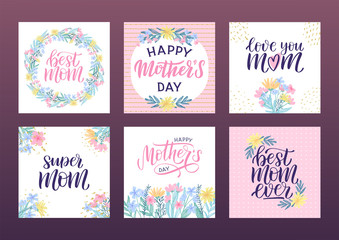 Wall Mural - Set of Happy Mothers Day lettering greeting cards. Mothers day cute quotes. Spring wildflowers with hand drawn texture. Vector illustration eps 10