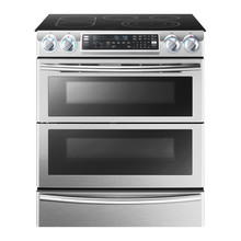 Induction Range Cooker Isolated On White Background. Steam Range With Convection Oven And Five Burner Induction Cooktop. Induction Stove. Stainless Steel Electric Range Cooker With Warming Drawer