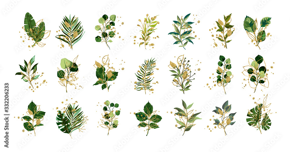 Gold green tropical leaves wedding bouquet with golden splatters isolated on white background. Floral foliage vector illustration arrangement in watercolor style. Botanical art design - obrazy, fototapety, plakaty 