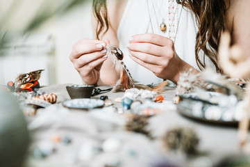 woman hands making gemstone jewellery, home workshop. women artisan created jewellery. art, hobby, h