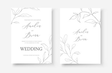 Wall Mural - Wedding line art silhouette leaves floral minimalist invitation card save the date design. Botanical elegant delicate decorative vector template in outline style