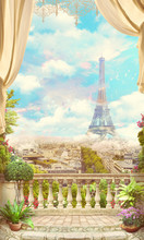 Beautiful View From The Balcony, In White And Red Roses, Of Paris And The Eiffel Tower. Digital Collage , Mural And Fresco. Wallpaper. Poster Design. Modular Panno.