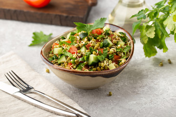 Healthy salad with mung beans, tomatoes, cucumber, lettuce and greens