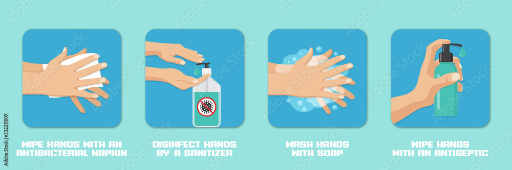 Hands wash and disinfection backgrounds set in a flat design. Preventive measures against coronavirus - obrazy, fototapety, plakaty 