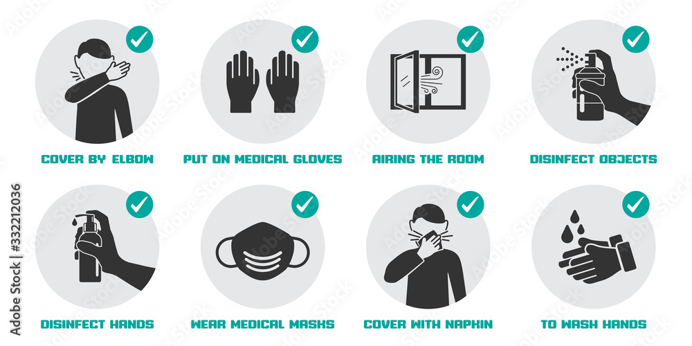 Preventive measures icons for not getting sick and not spreading virus - obrazy, fototapety, plakaty 