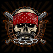 gangster skull with brass knuckle and red bandana vector design