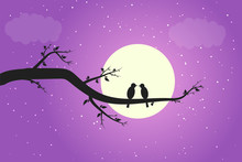 Two Birds In Love On A Branch In The Moonlight Shadow. The Birds Are Kissing And In The Background Is A Full Moon And A Purple Sky. Cartoon Vector Illustration Of The Romantic Moment In Nature