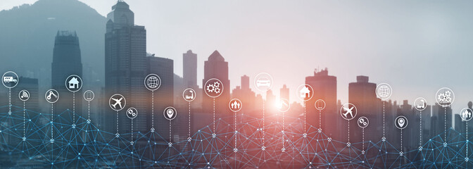 Wall Mural - Technology Internet of things wireless communication iot concept networking. Modern city skyline double exposure mixed media.