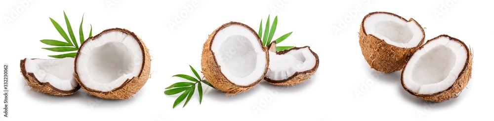 coconut with leaves isolated on white background. Set or collection - obrazy, fototapety, plakaty 