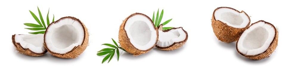 coconut with leaves isolated on white background. set or collection