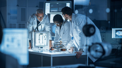 Poster - In Technology Research Laboratory: Diverse Team of Industrial Scientists, Engineers, Developers Work with Digital Whiteboard Showing Engine Blueprints, Efficiency Calculated by Neural Network