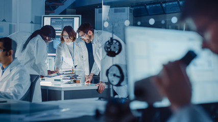 Poster - In Technology Research Laboratory: Diverse Team of Industrial Scientists, Engineers, Developers Work with Digital Whiteboard Showing Engine Blueprints, Efficiency Calculated by Neural Network