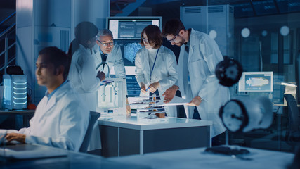 Poster - In Technology Research Laboratory: Diverse Team of Industrial Scientists, Engineers, Developers Work with Digital Whiteboard Showing Engine Blueprints, Efficiency Calculated by Neural Network